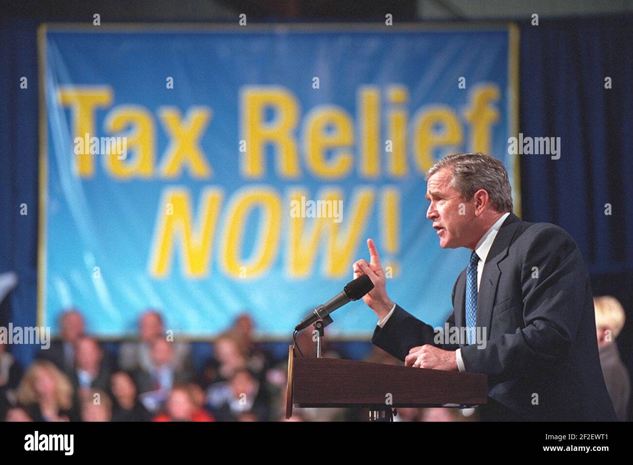 Präsident George W. Bush Bemerkungen zur Steuerentlastung. Stockfoto