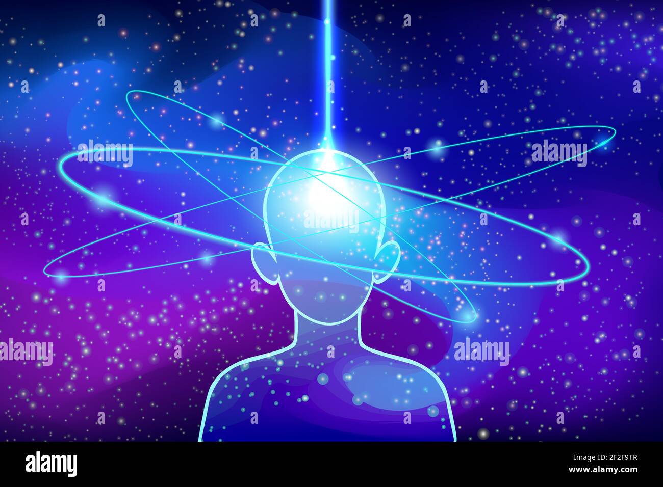 Astralfusion mit Universe Cliparts. Silhouette des Charakters, der kosmisches Bewusstsein mit blauen Sternbahnen erreicht hat. Stock Vektor