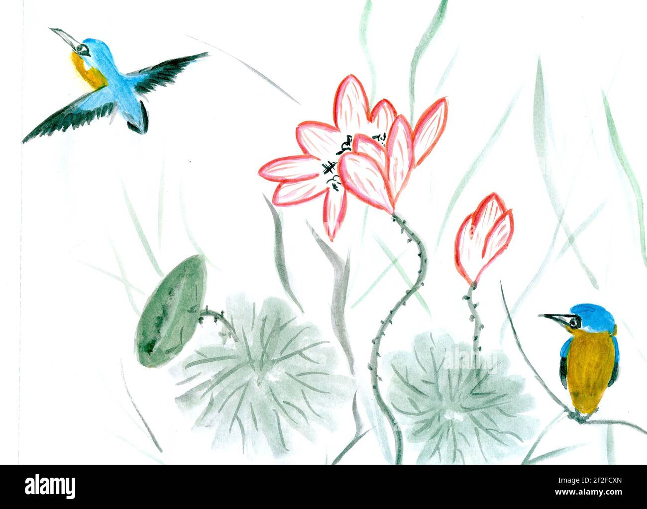 Einladungskarte mit hellen Aquarell Vogel. Original Kunst, Aquarell von orientalischem Stil Vogel mit Blüten. Chinesische Kunst Stockfoto