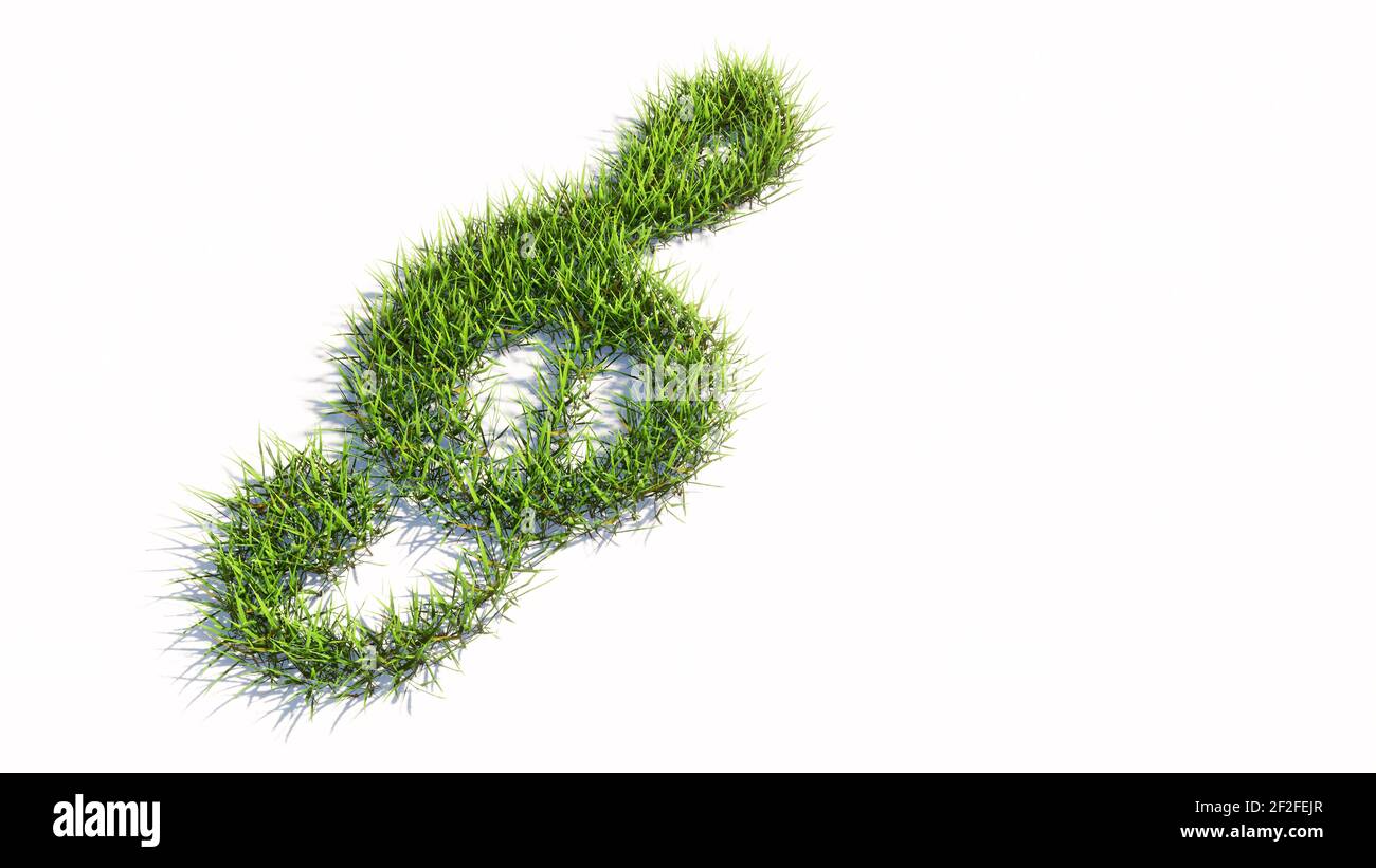 Konzept oder konzeptuelle grüne Sommer Rasen Gras Symbol Form isoliert weißen Hintergrund, Zeichen einer musikalischen Note. 3D Illustration Metapher für Musik Stockfoto