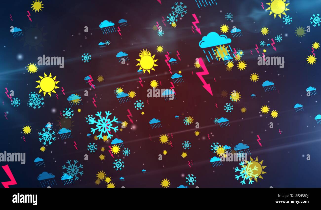 Wettersymbole und Symbole 3D Abbildung. Abstraktes Konzept digitaler Hintergrund mit Sturm, Beleuchtung, Schnee, Regenwolke und Sonnenzeichen. Stockfoto