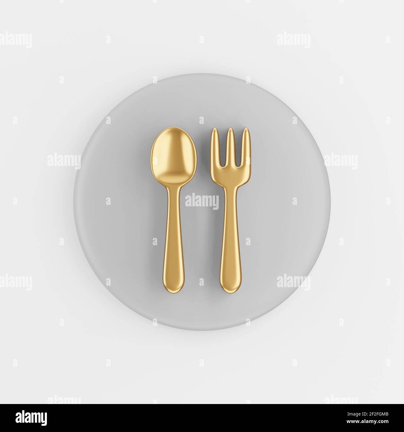 Goldene Gabel und Löffel-Ikone im Cartoon-Stil. 3D Rendering grey round button key, Interface ux ui Element Stockfoto