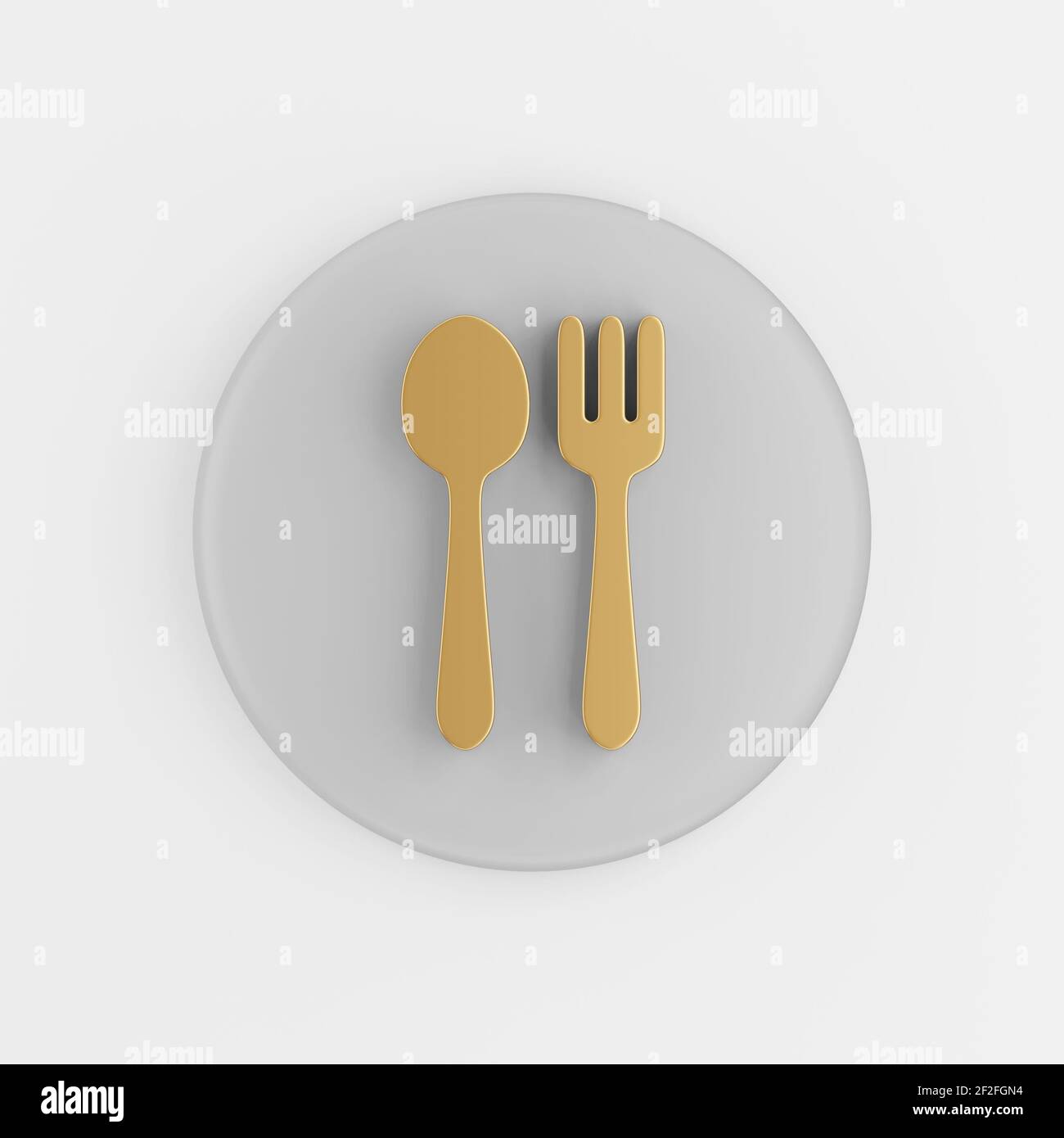 Goldene Gabel und Löffel-Ikone in flachem Stil. 3D Rendering grey round button key, Interface ux ui Element Stockfoto