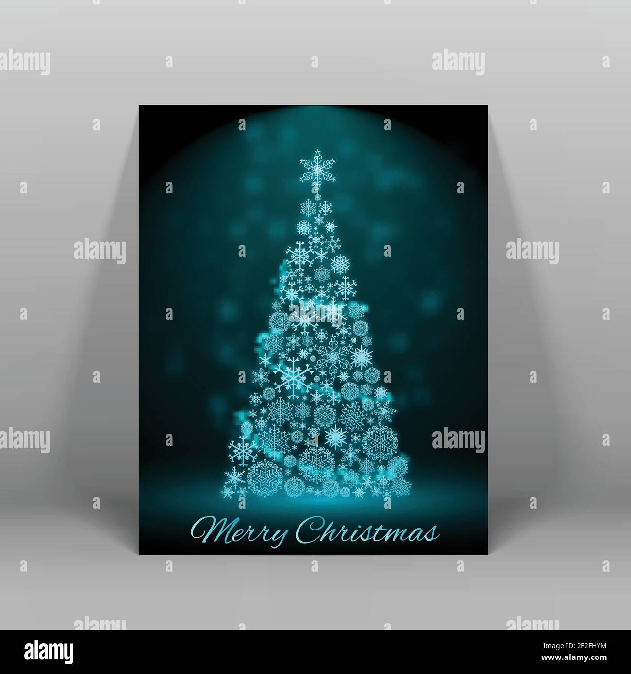 Dunkle fröhliche weihnachtskarte mit großen verzierten Tannenbaum in Blaue helle flache Vektorgrafik Stock Vektor