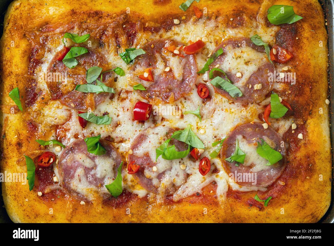 Nahaufnahme von Pepperoni Pizza Stockfoto