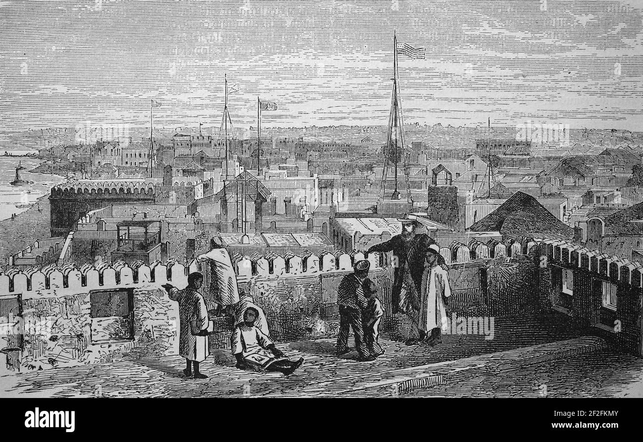 Blick auf Sansibar, Tansania, Afrika, 1880 / Blick auf Sansibar, Tansania, Afrika, im Jahr 1880, Historisch, Historische, digital verbesserte Reproduktion eines Originals aus dem 19th. Jahrhundert / digitale Reproduktion einer Originalvorlage aus dem 19. Jahrhundert, Stockfoto