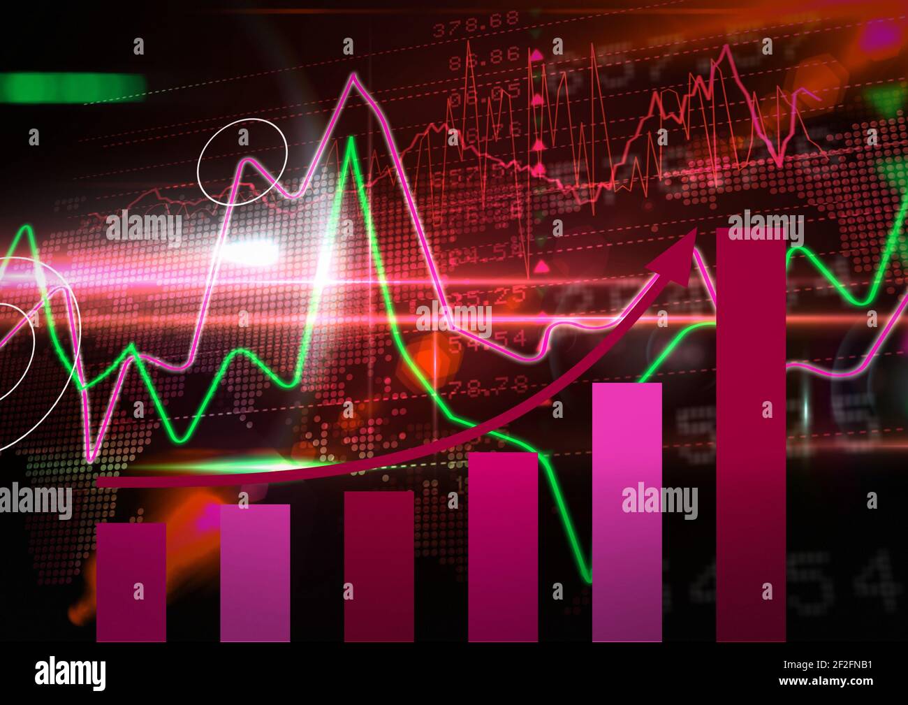 Mehrere Diagramme über den Aktienmarkt und statistische Datenverarbeitung gegen Roter Hintergrund Stockfoto
