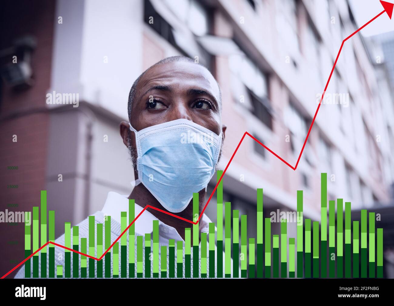 Rote Grafik über statistische Datenverarbeitung gegen afroamerikanischen Mann Gesichtsmaske tragen Stockfoto