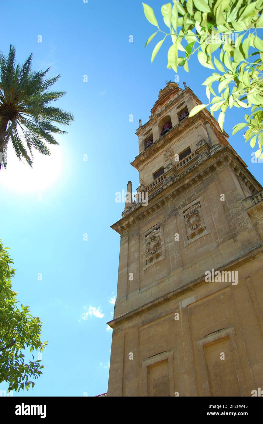 Das Minarett der Kathedrale-Moschee von Córdoba (Mezquita-Catedral de Córdoba). Islamische, maurische und gotische Architektur. Schöner sonniger Tag in Cordoba. Stockfoto