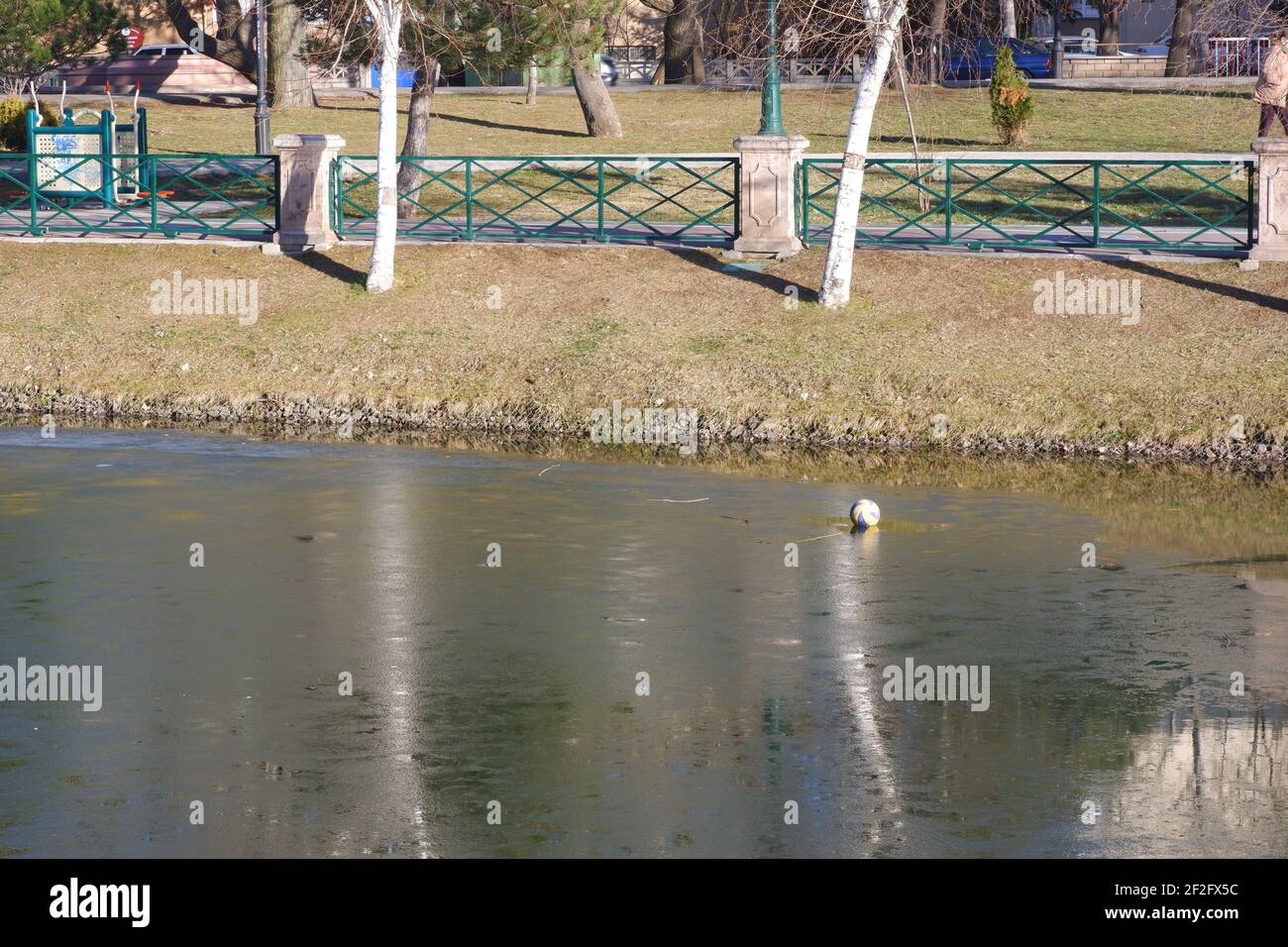 Ball Floating auf Frozen River im Park Stockfoto