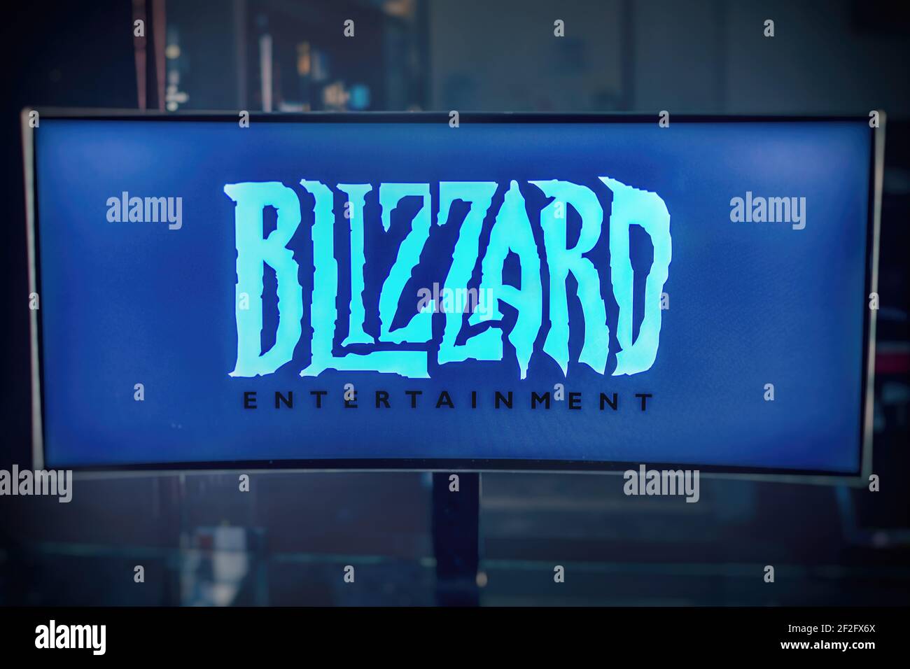 Monitor-Logo Blizzard Entertainment Software-Haus Produzent von Videospielen, berühmt für Warcraft , Diablo und Starcraft Stockfoto