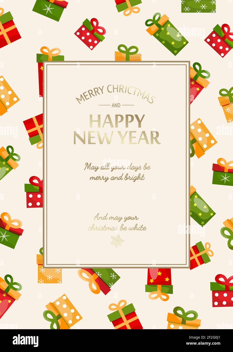 Bright Merry Christmas festlichen Hintergrund mit goldenen Inschrift in rechteckigen Rahmen und bunte Geschenk-Boxen Vektor-Illustration Stock Vektor