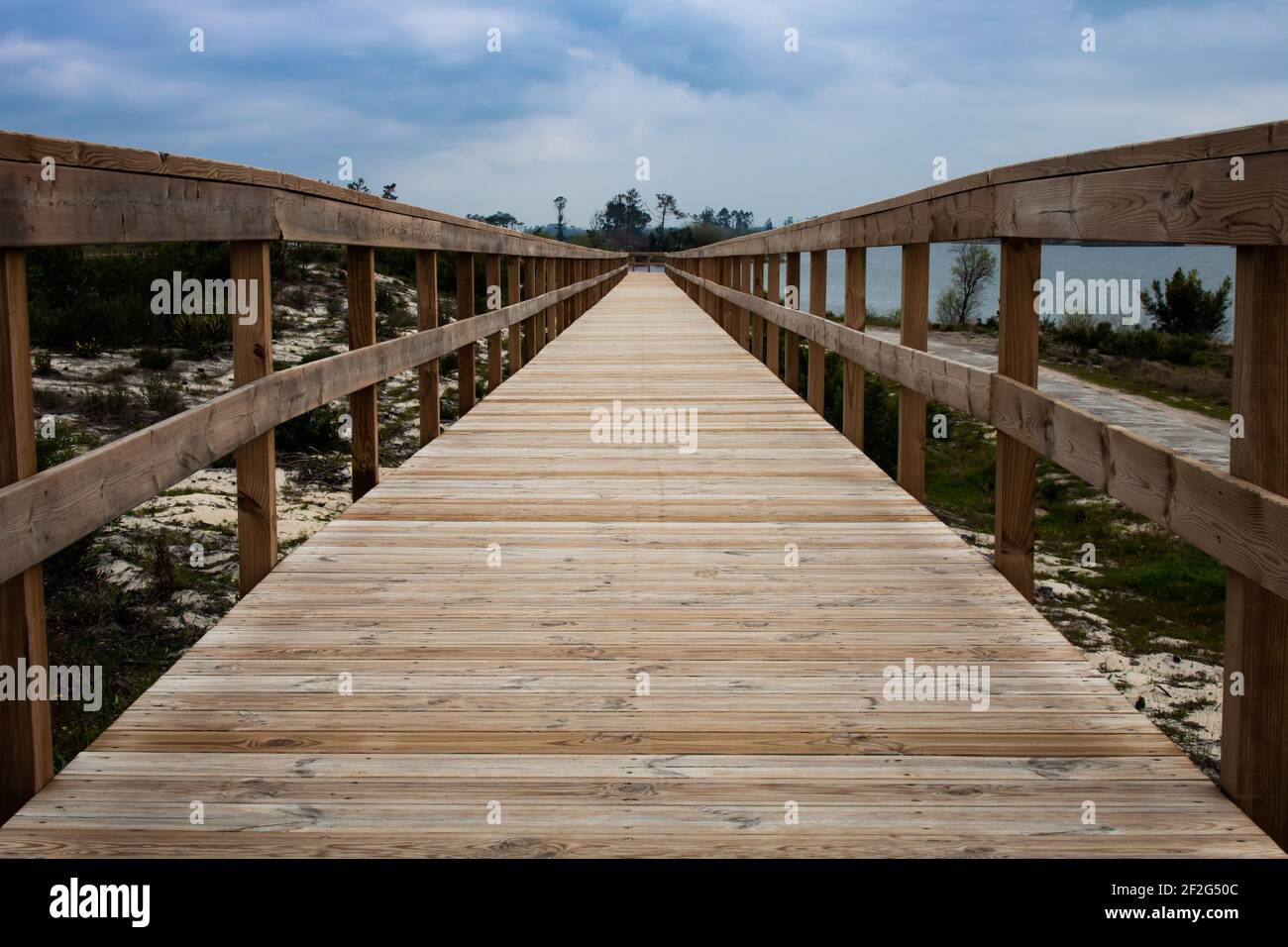 Nahaufnahme von leerer Holzpromenade und Handlauf über grasbewachsenen Dünen und blauem bewölktem Himmel in Lagoa da Vela, Portugal. Das Konzept „Way Ahead“ Stockfoto