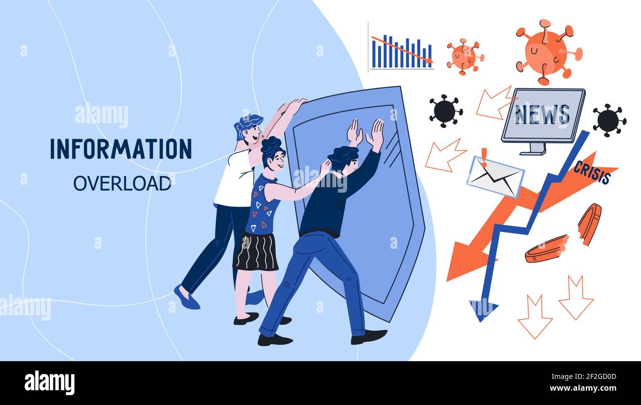 Informationsüberlastung Web-Banner mit Menschen schützen sich vor Informationsstrom, flache Vektor-Illustration. Infodemia, digitale Information OV Stock Vektor