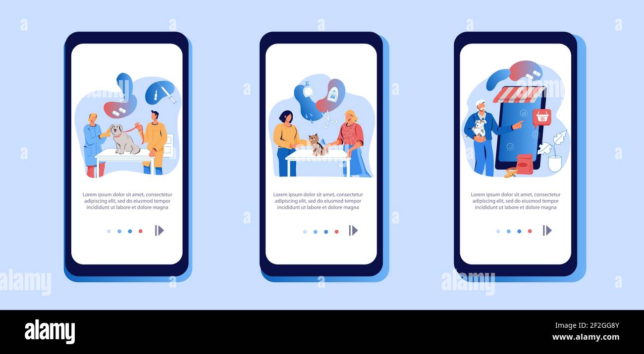 Onboarding-Seiten für Veterinärdienste und Haustierpflege-Shop, flache Vektor-Illustration gesetzt. Tierarzt Klinik, Hunde Pflege und Online-Tierpflege-Produkte o Stock Vektor