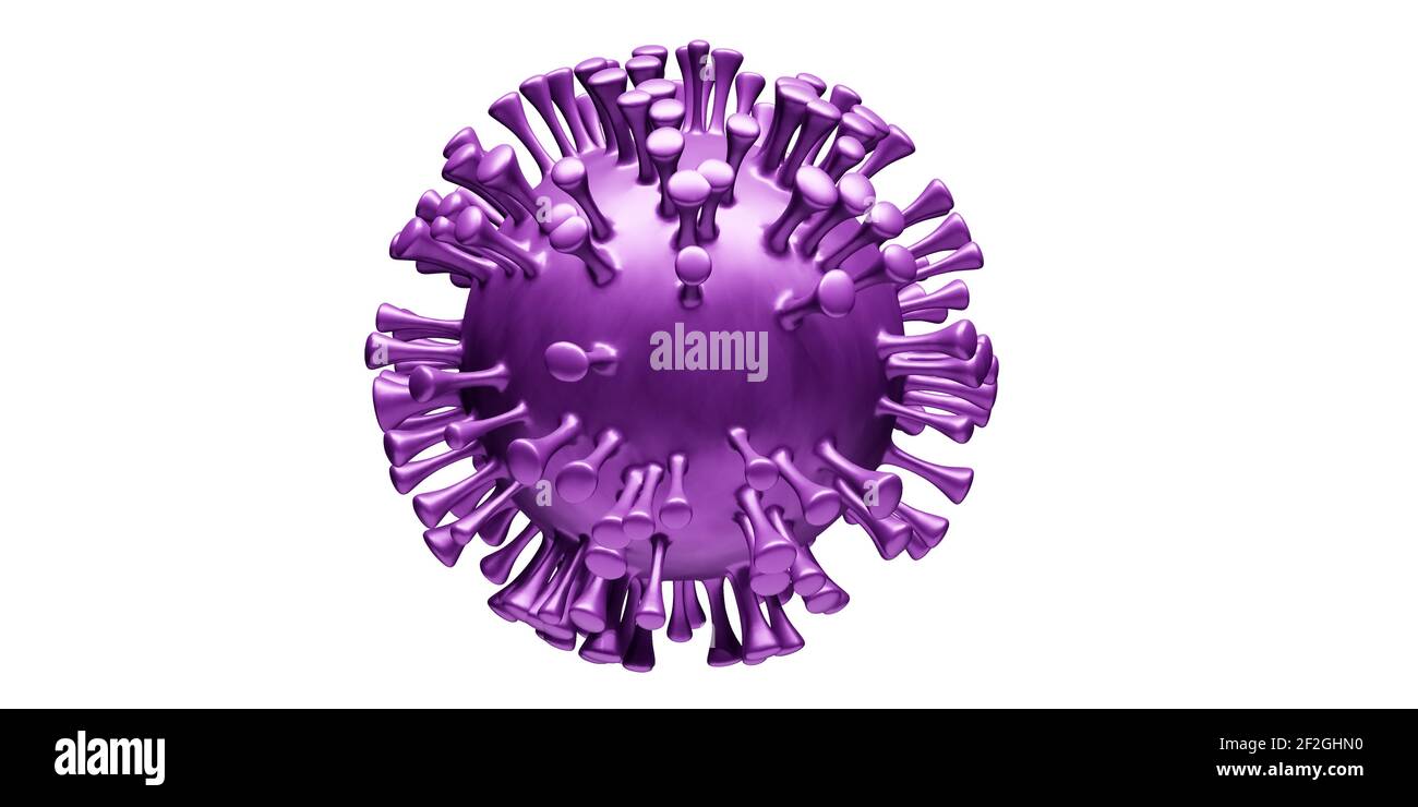 Covid-19 Coronavirus-Zelle auf weißem Hintergrund isoliert, 3D Zellen, Modelldarstellung, Corona Virus globale Pandemie, Awareness-Konzept, Nahaufnahme Stockfoto