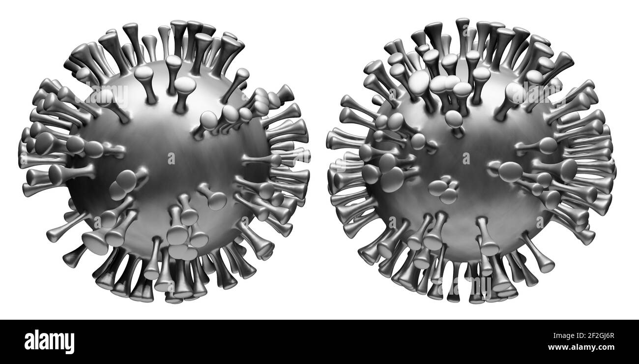 Covid-19 Coronavirus-Zelle auf weißem Hintergrund isoliert, 3D Zellen, Modelldarstellung, Corona Virus globale Pandemie, Awareness-Konzept, Nahaufnahme Stockfoto
