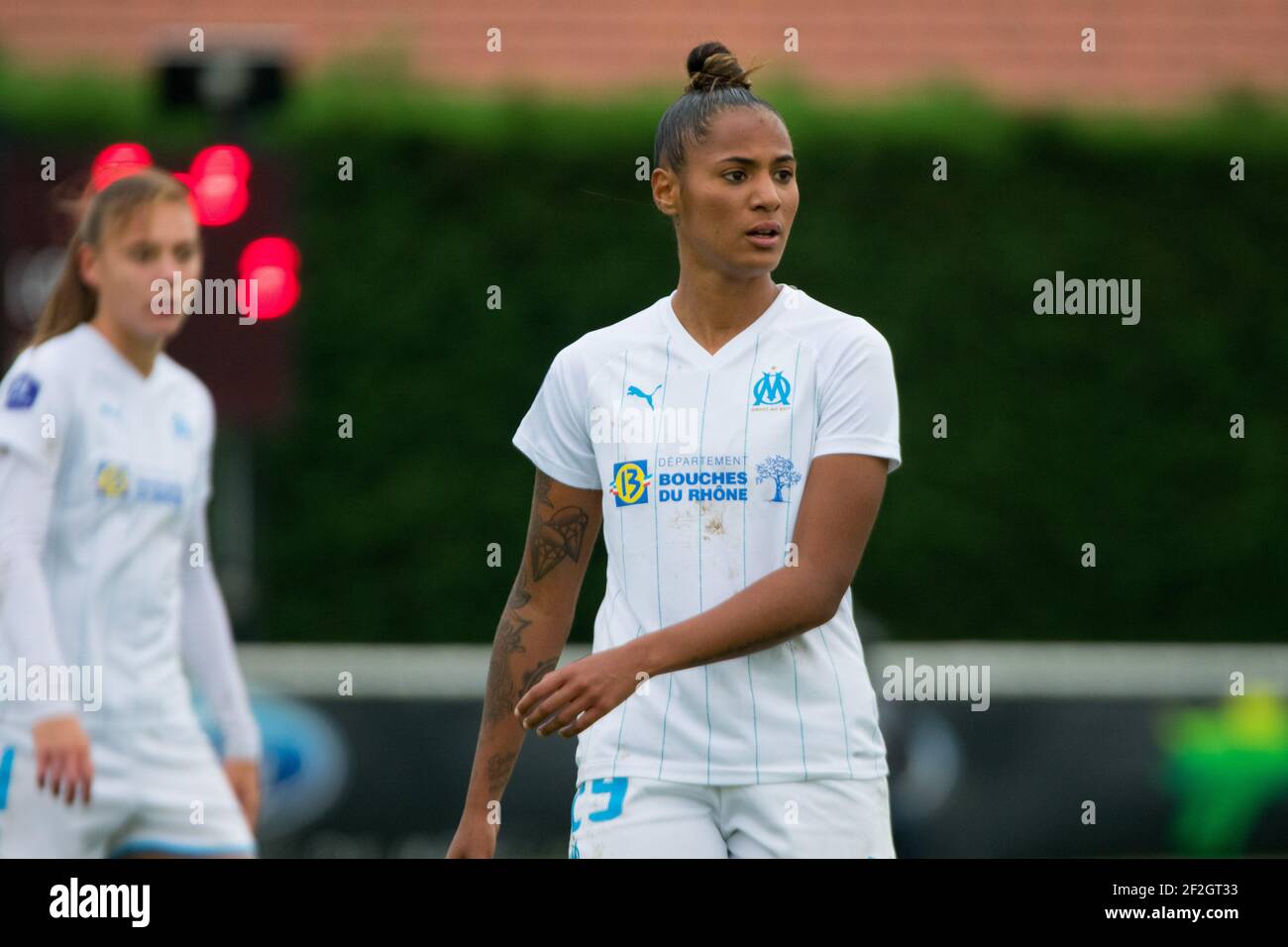 Eva Sumo von Olympique de Marseille reagiert während der französischen Frauenmeisterschaft D1 Arkema Fußballspiel zwischen Fleury 91 FC und Olympique de Marseille am 2. November 2019 im Auguste Gentelet Stadion in Fleury Merogis, Frankreich - Foto Antoine Massinon / A2M Sport Consulting / DPPI Stockfoto