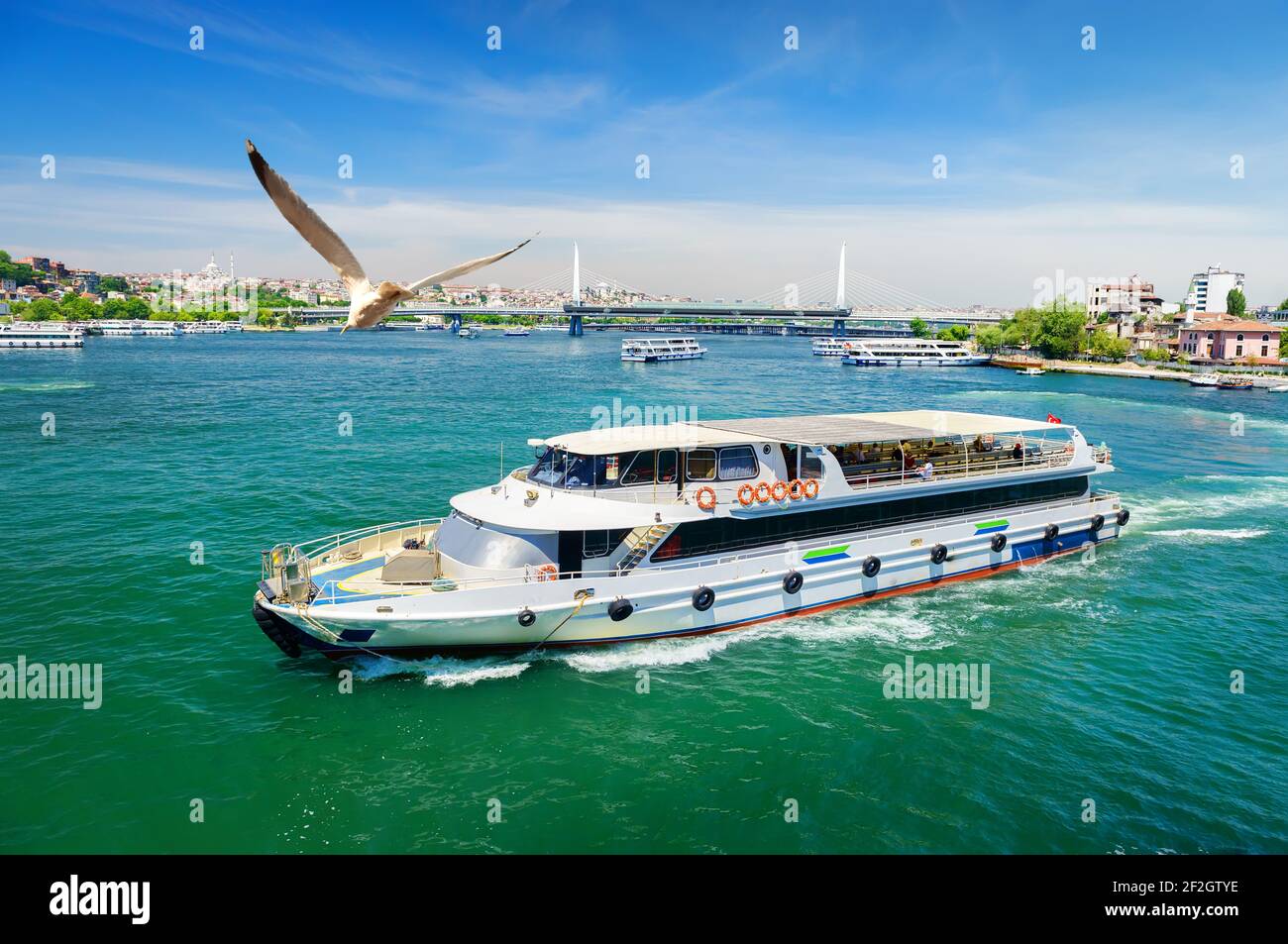 Touristischen Boote in der Bucht Goldenes Horn in Istanbul und Blick auf die Süleymaniye-Moschee, Türkei Stockfoto