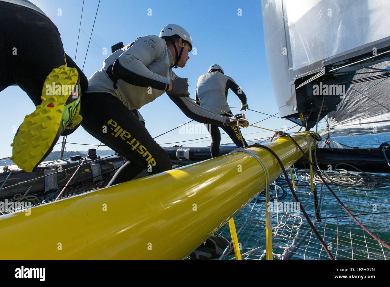 An Bord von Team Australia AC45, in Sydney, Australien am 22. Mai 2014, Foto Andrea Francolini / DPPI Einschränkungen - nur für redaktionelle Inhalte und Printmedien - Alle anderen Rechte vorbehalten - obligatorische Gutschrift Stockfoto