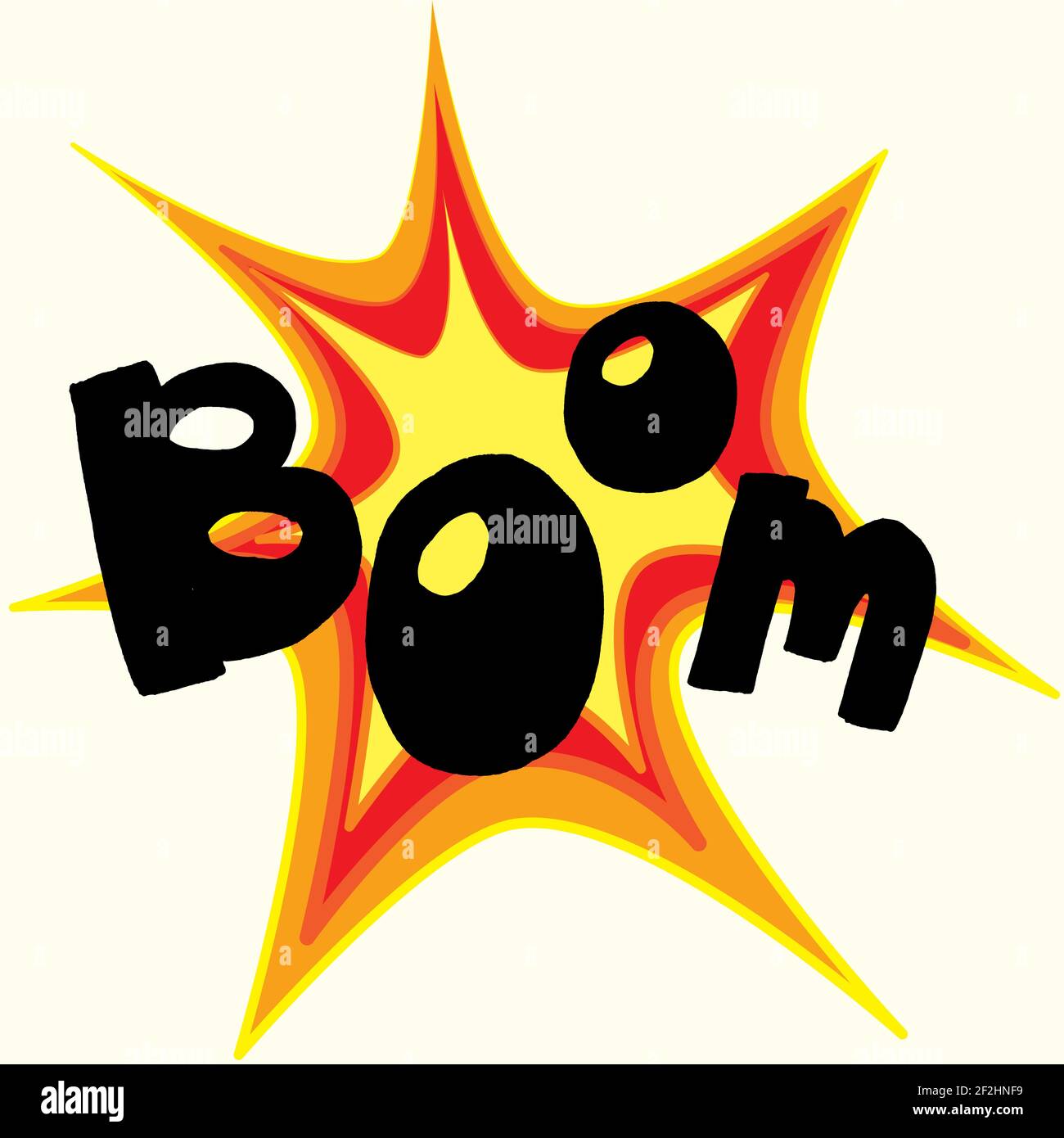 Boom Comic Star onomatopoeia in orange rot und gelb. Große schwarze Buchstaben Stock Vektor