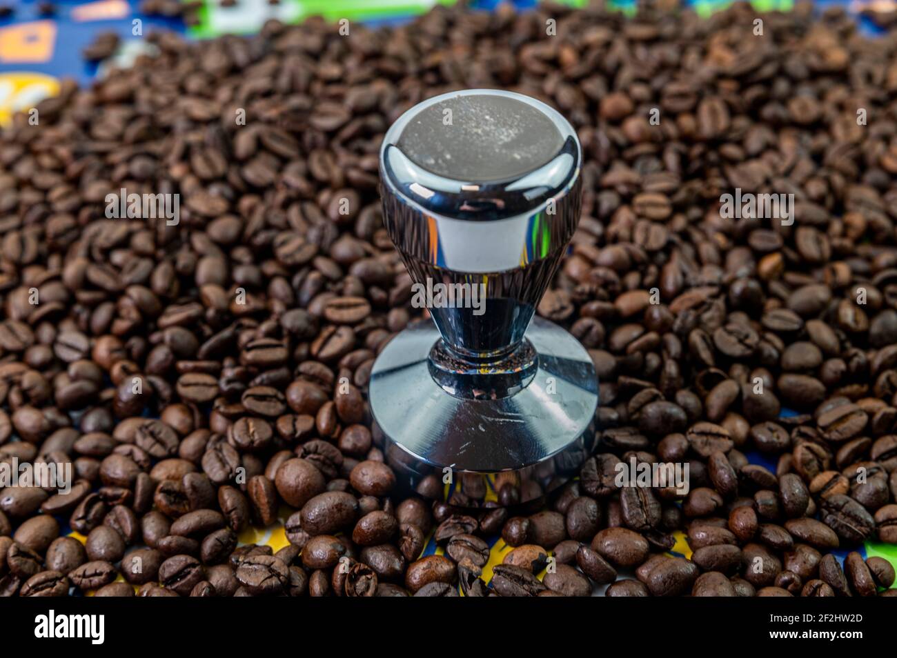 Kaffeebohnen mit Kaffeepresse aus Stahl für Bars Stockfoto