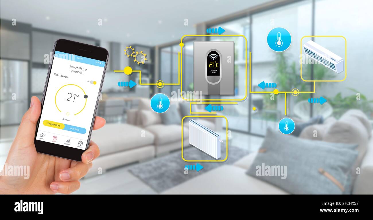 Smart Home-Konzept, Hand hält Smartphone mit einer Smart-Home-Anwendung auf dem Bildschirm Stockfoto