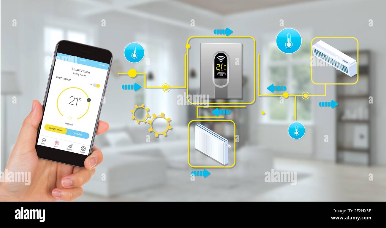 Smart Home-Konzept, Hand hält Smartphone mit einer Smart-Home-Anwendung auf dem Bildschirm Stockfoto