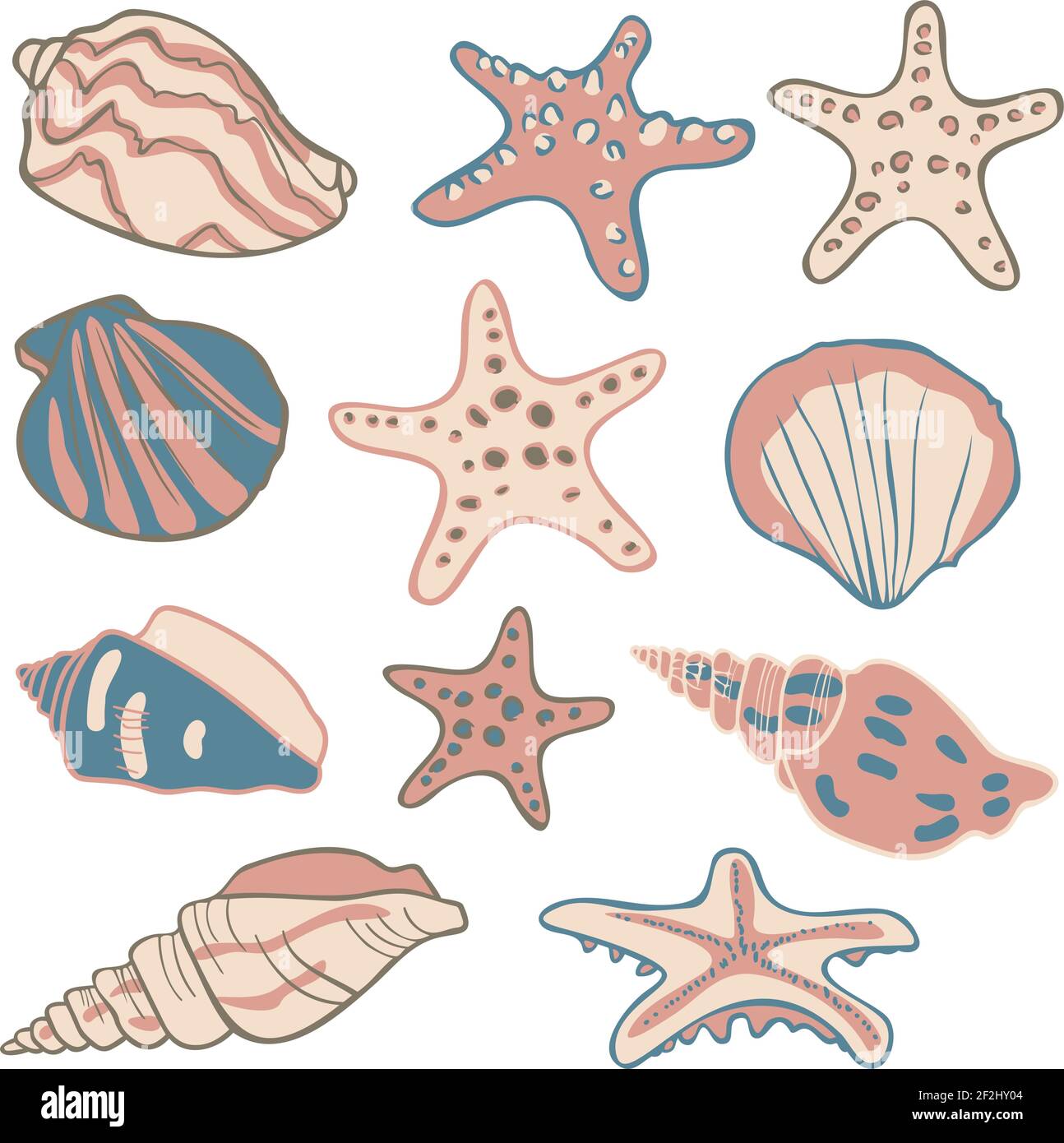 Vector Kollektion Set mit Muscheln und Seesternen. Dekorative Illustrationen mit Meerestieren. Stock Vektor