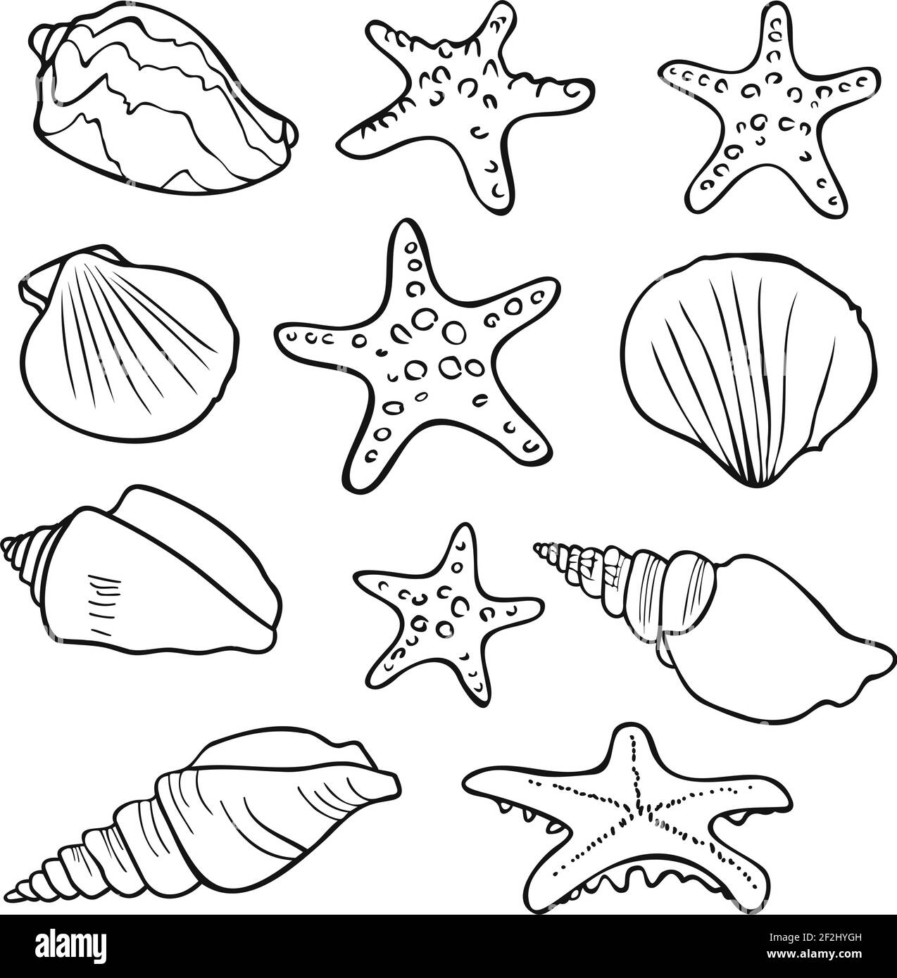 Schwarz-weiße Silhouetten von Muscheln und Startfischen. Design für das ausmalen. Vector Kollektion. Stock Vektor