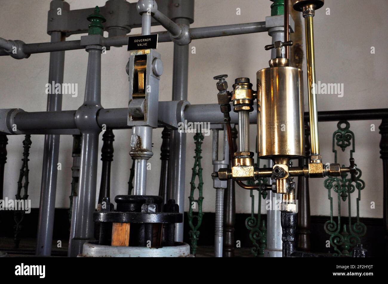 Reglerventil an der dampfbetriebenen Strahlmaschine bei der Kupfer- und Zinnmine East Pool, Taylors-Wellenpumpenhaus, Redruth. Cornwall.UK Stockfoto