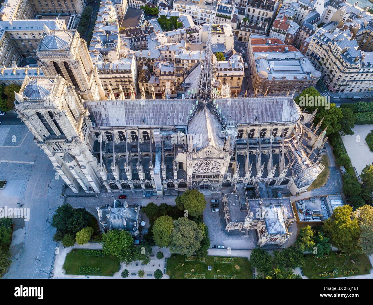 Luftaufnahme Notre Dame (Kathedrale von Paris), Paris, Frankreich Stockfoto