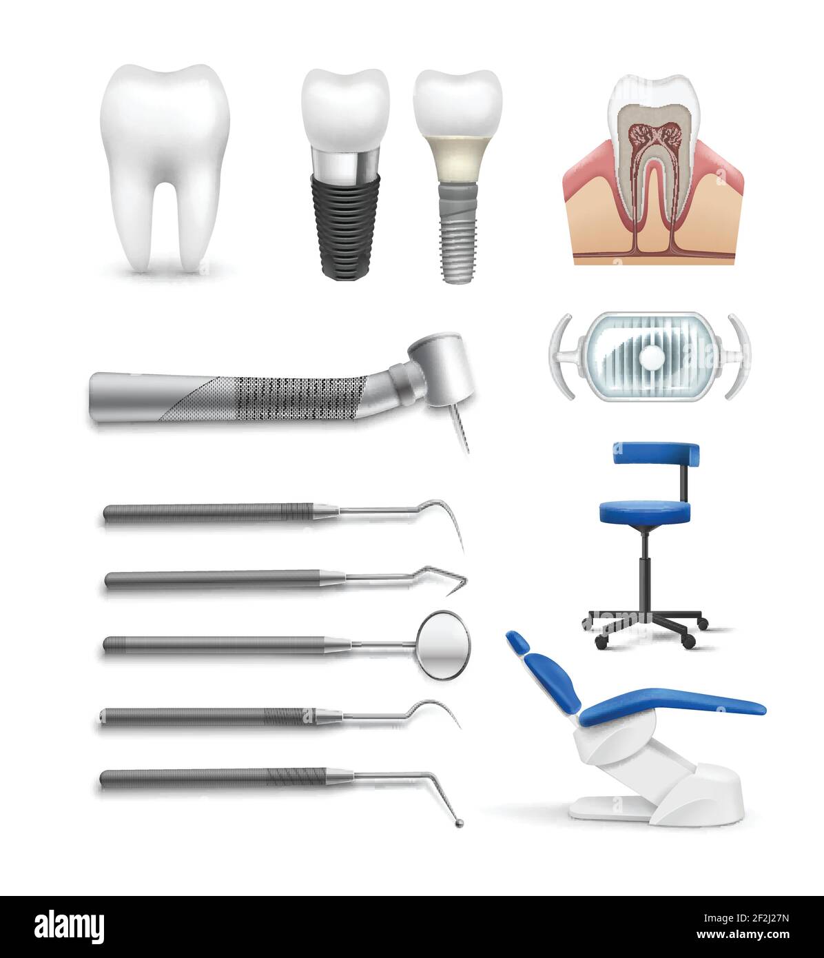 Vektor-Set von verschiedenen zahnmedizinischen Objekten Werkzeuge, Lampenstuhl, Bohrer, Zahnimplantat und Struktur isoliert auf weißem Hintergrund Stock Vektor