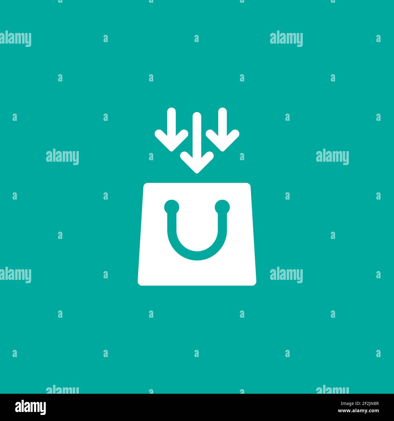 Weiße Silhouette der Einkaufstasche mit 3 Pfeilen. Flaches Symbol isoliert auf blau. vektor-Illustration. Elegantes Paket zum Kauf. Artikel hinzufügen, kaufen, ch Stock Vektor