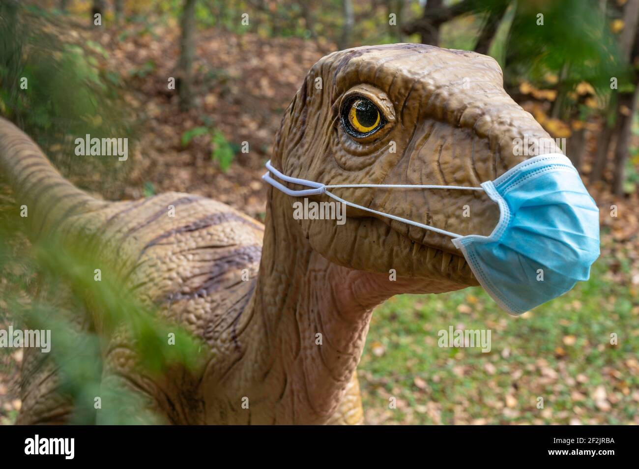 Dinosaurier Deinonychus mit Mund- und Nasenschutz, Dinopark des Urweltmuseums Hauff, Holzmaden, Süddeutschland Stockfoto