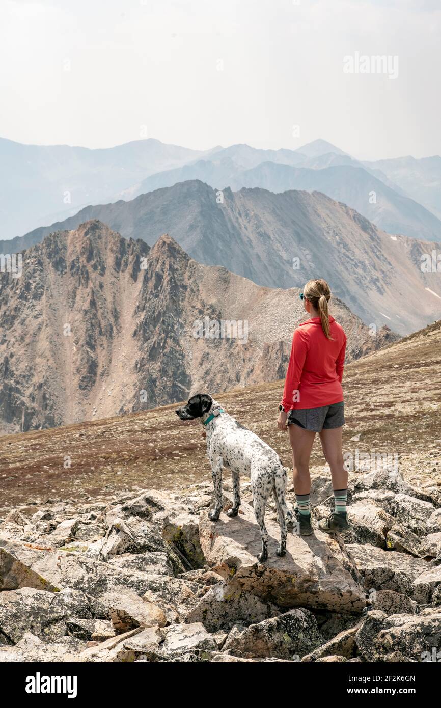 Rückansicht der Hikerin mit Hund auf Berg gegen Himmel im Urlaub Stockfoto