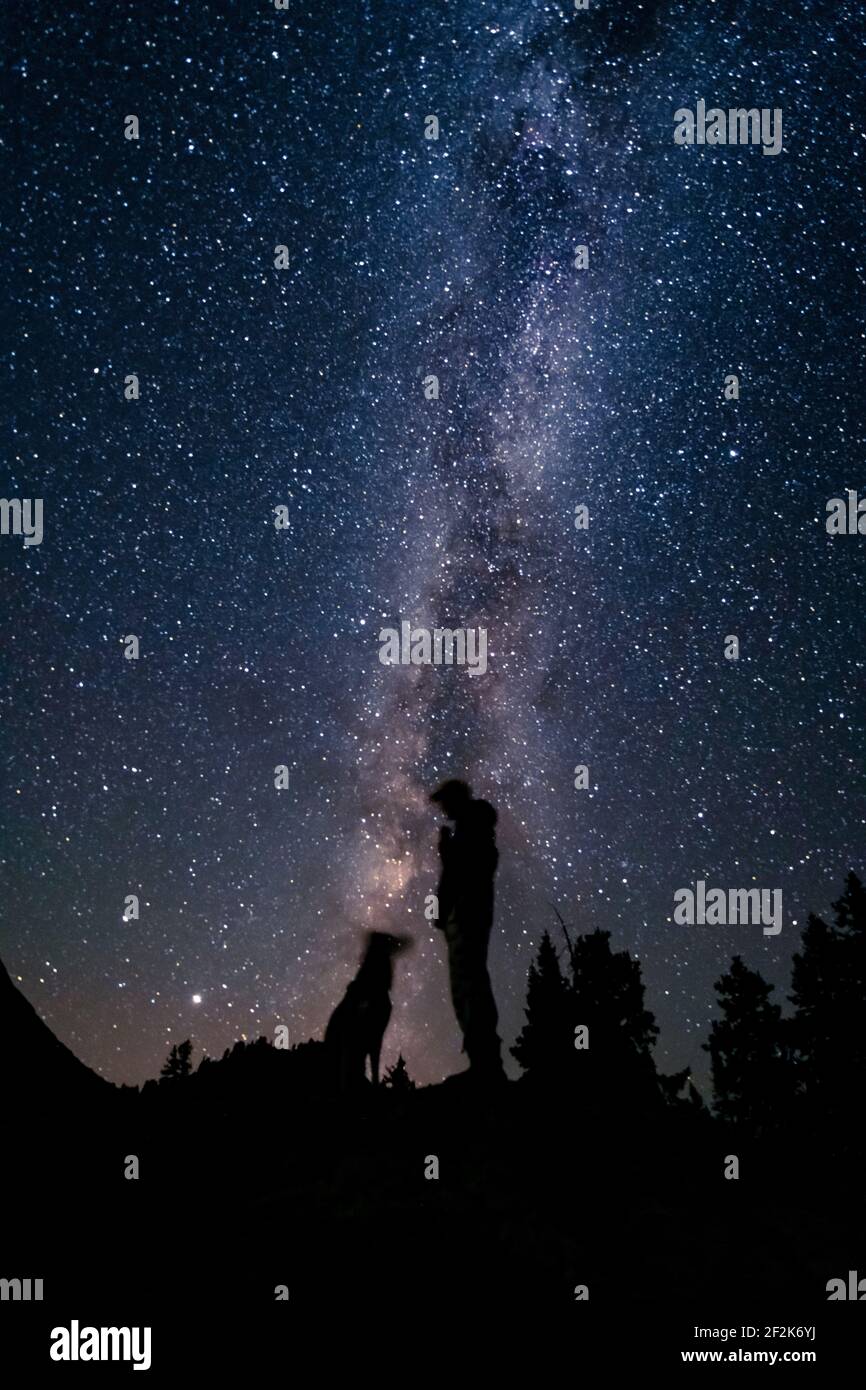Silhouette Mann mit Hund auf Berg gegen Sternfeld Stockfoto