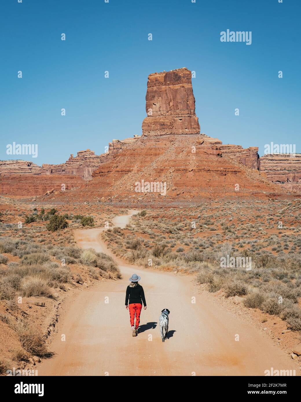 Rückansicht einer Frau, die mit Hund auf unbefestigten Straßen läuft Führt zu Sandsteinformationen gegen klaren Himmel Stockfoto