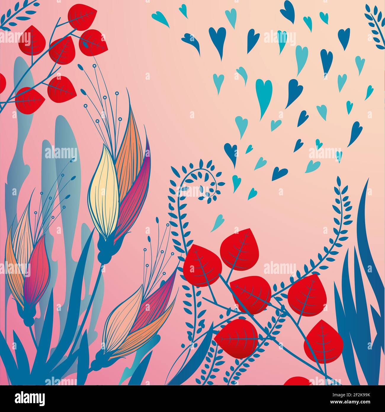 Liebe Herzen und florale Illustration süße Farben Stockfoto
