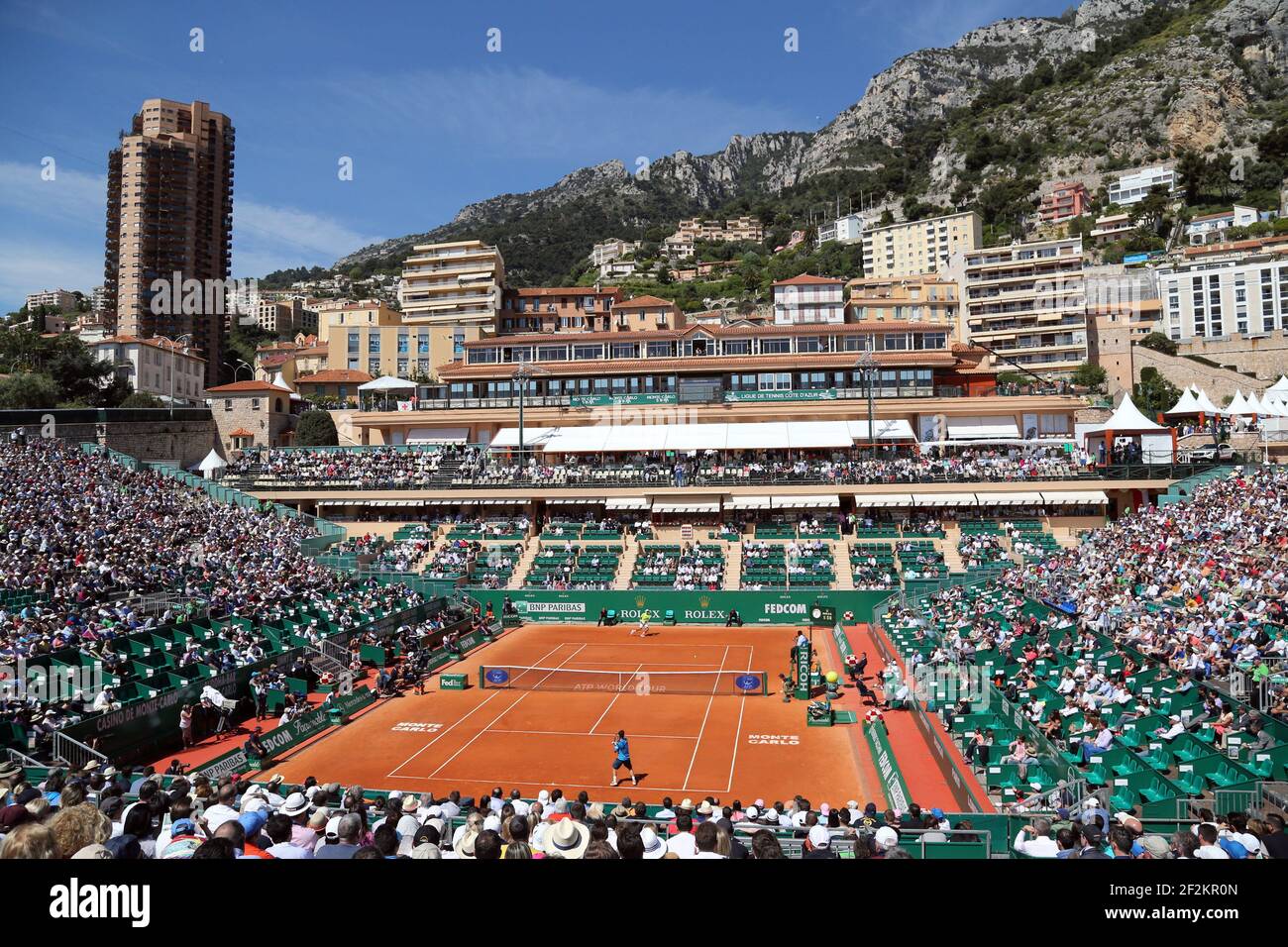 Eine allgemeine Ansicht des zentralen Gerichts im Monte Carlo Country Club während der ATP Monte-Carlo Rolex Masters 2014, Monaco, am 16