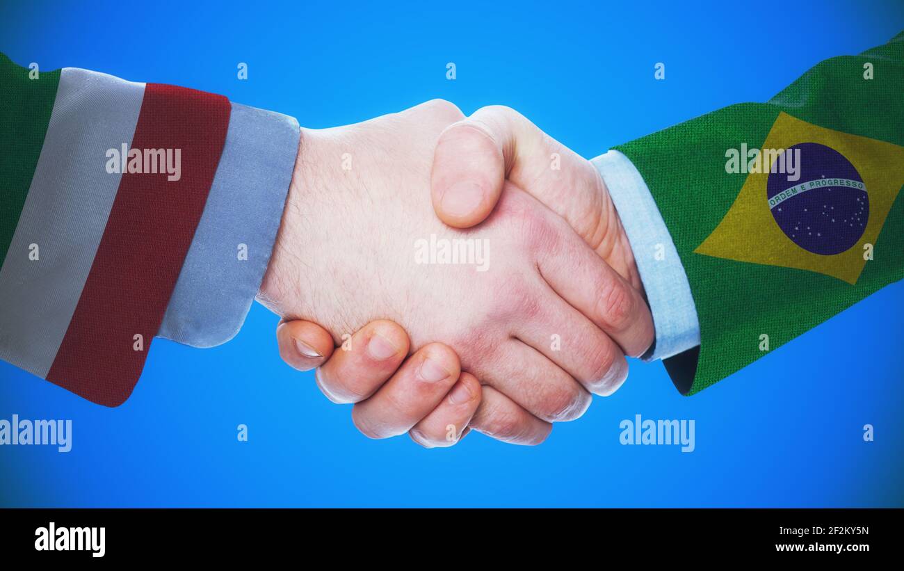 Italien - Brasilien - Handshake-Konzept über Länder und Politik Stockfoto