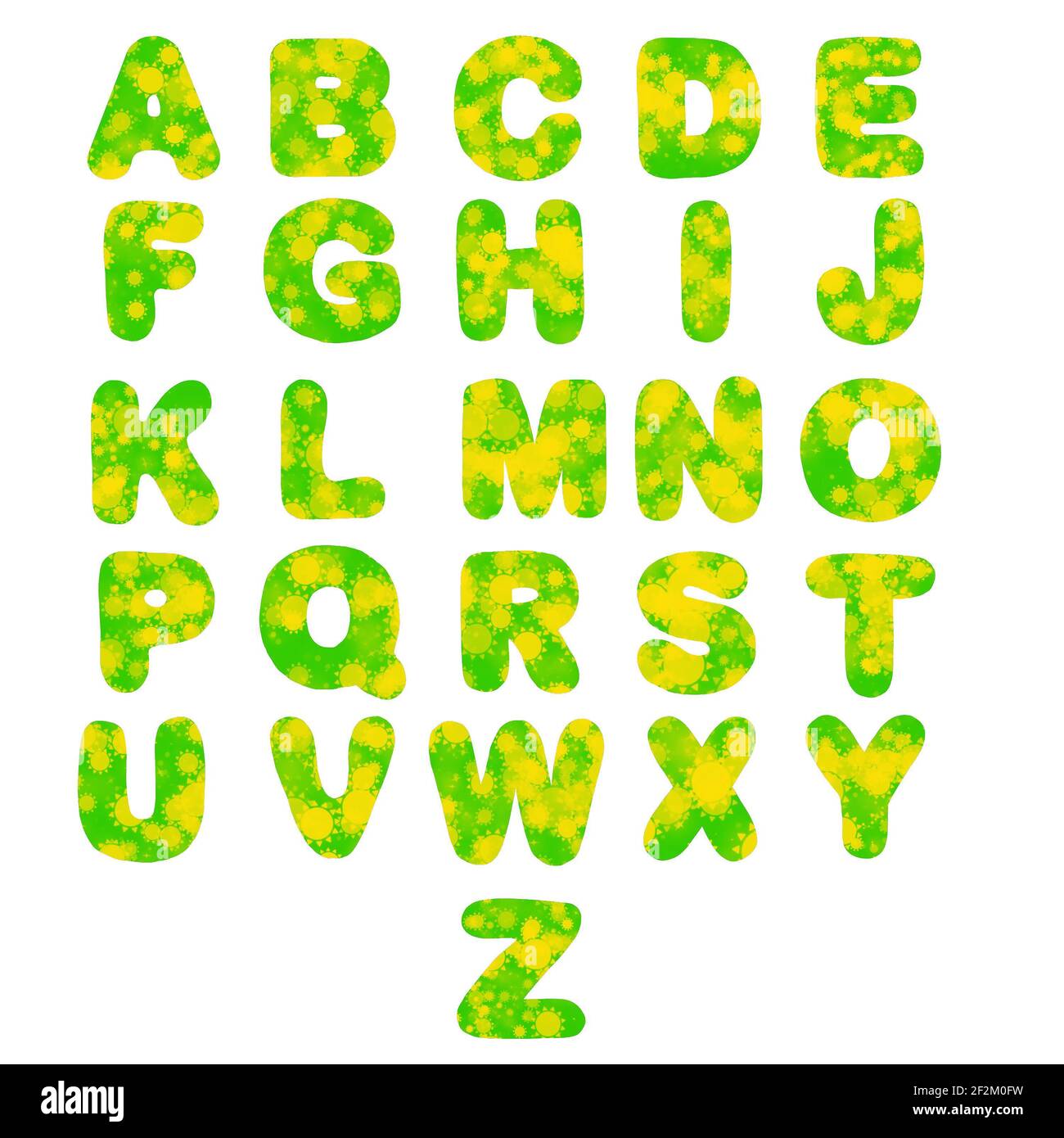 Das englische Alphabet in grün mit kleinen Sonnen zur Dekoration Oder Unterrichten von Kindern Briefe Stockfoto