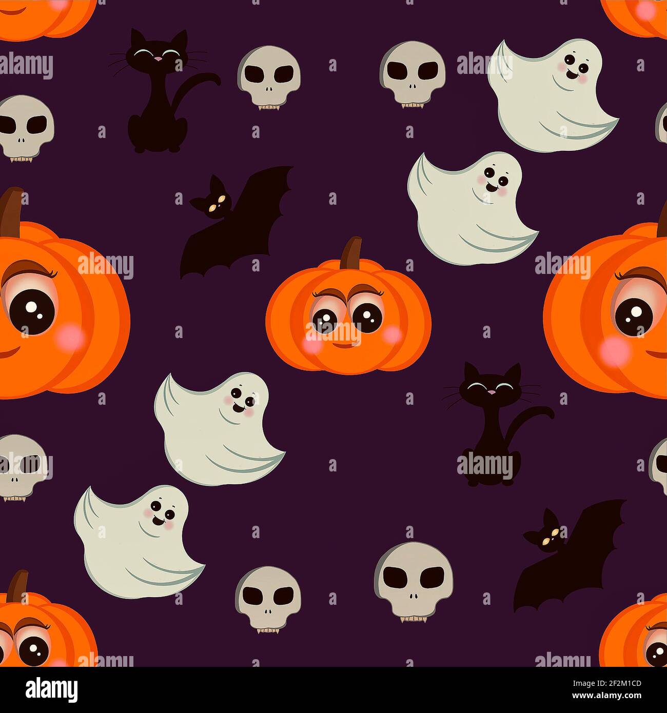 Das nahtlose Muster für Halloween mit einem Geisterschädel und Eine verrückte Katze Fledermaus auf einem lila Hintergrund Stockfoto