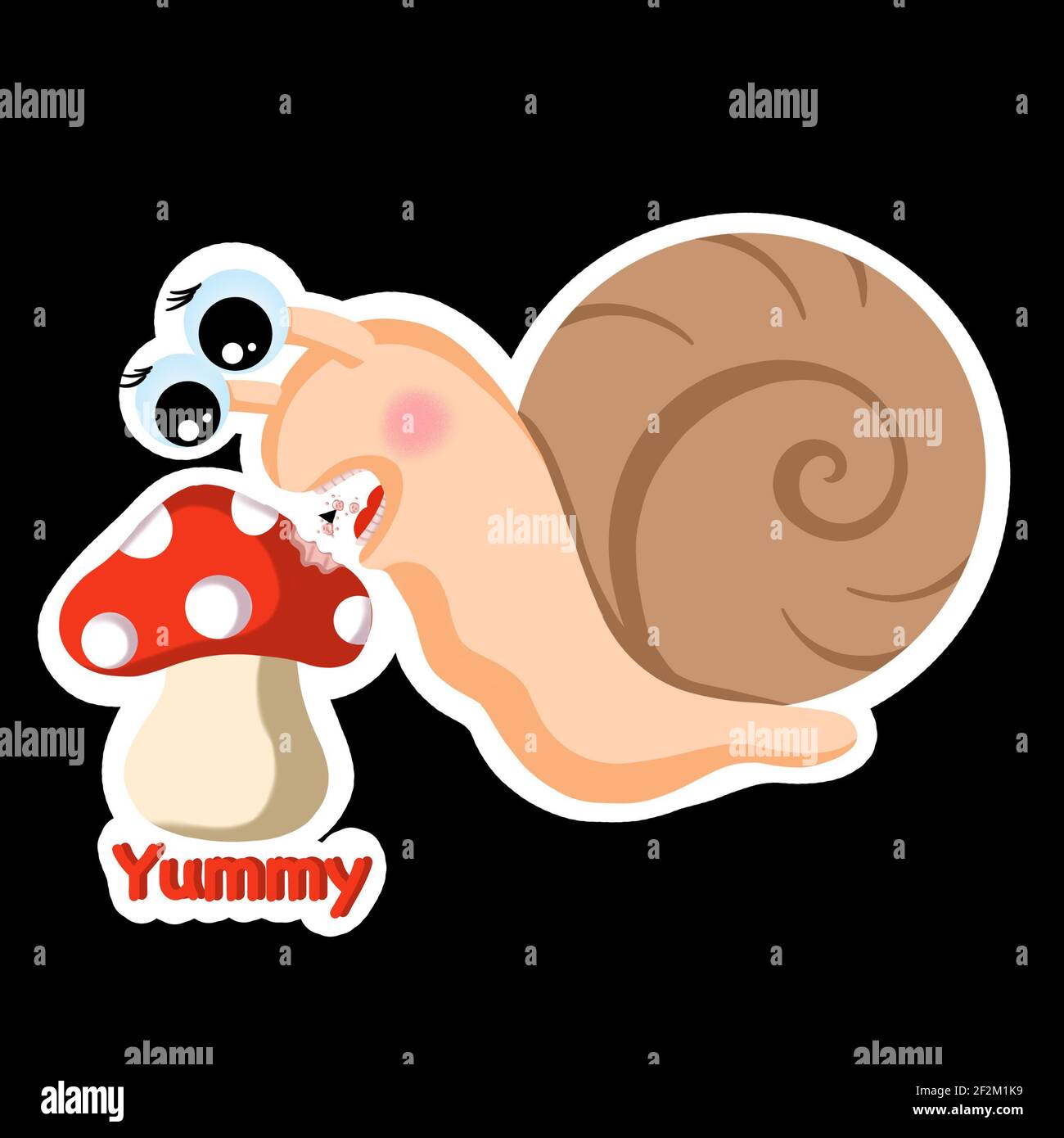 Eine niedliche hungrige Schnecke fressende Fliege agaric Aufkleber auf schwarzem Hintergrund Stockfoto