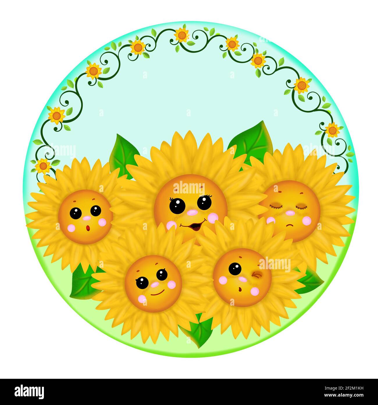 Die gelben Sonnenblumen mit verschiedenen Emotionen in einem runden Rahmen Mit Wirbeln und einem blauen Hintergrund Stockfoto