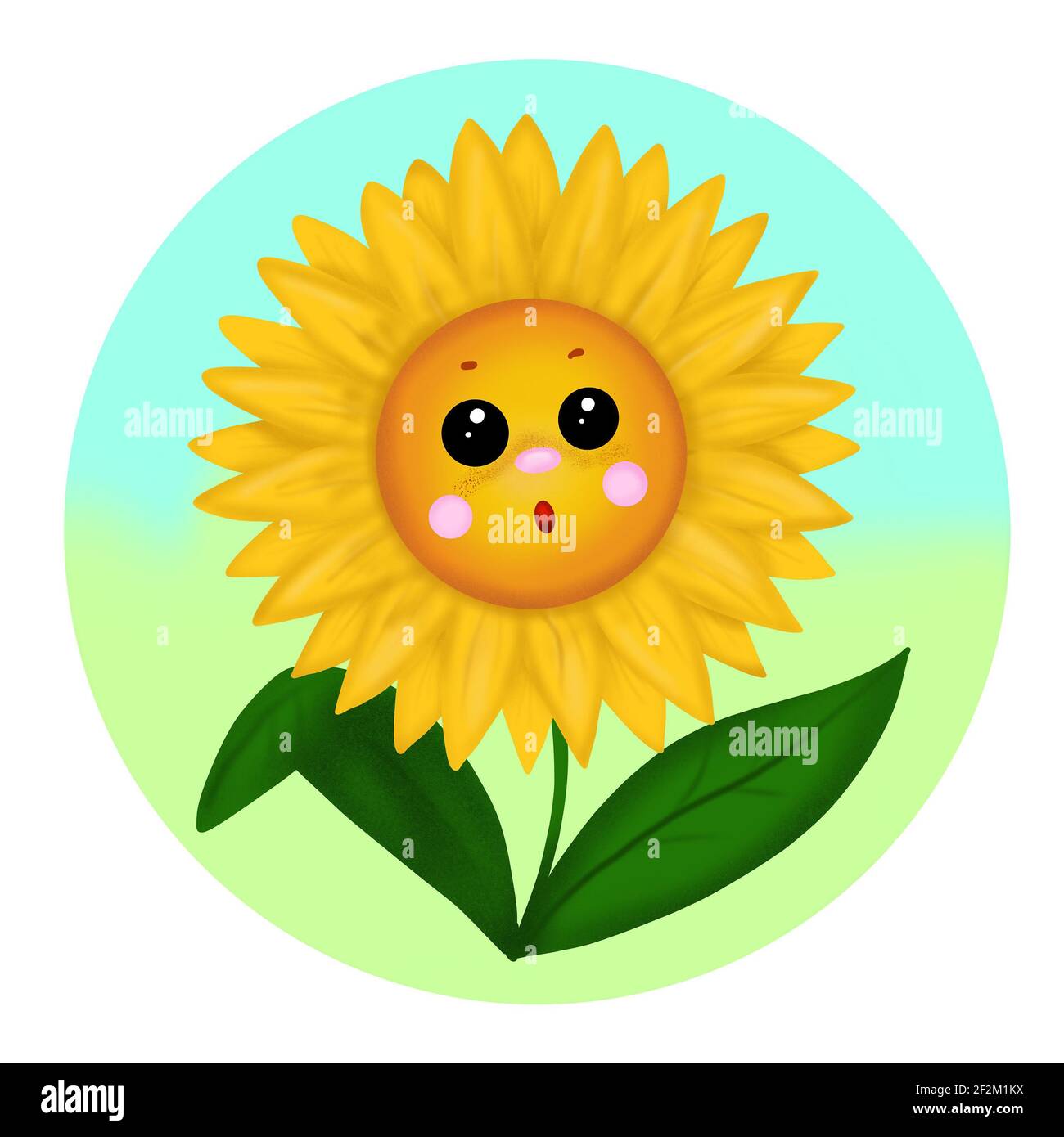 Die gelbe Sonnenblume mit den Augen überraschte den runden Rahmen an Blauer Hintergrund Stockfoto
