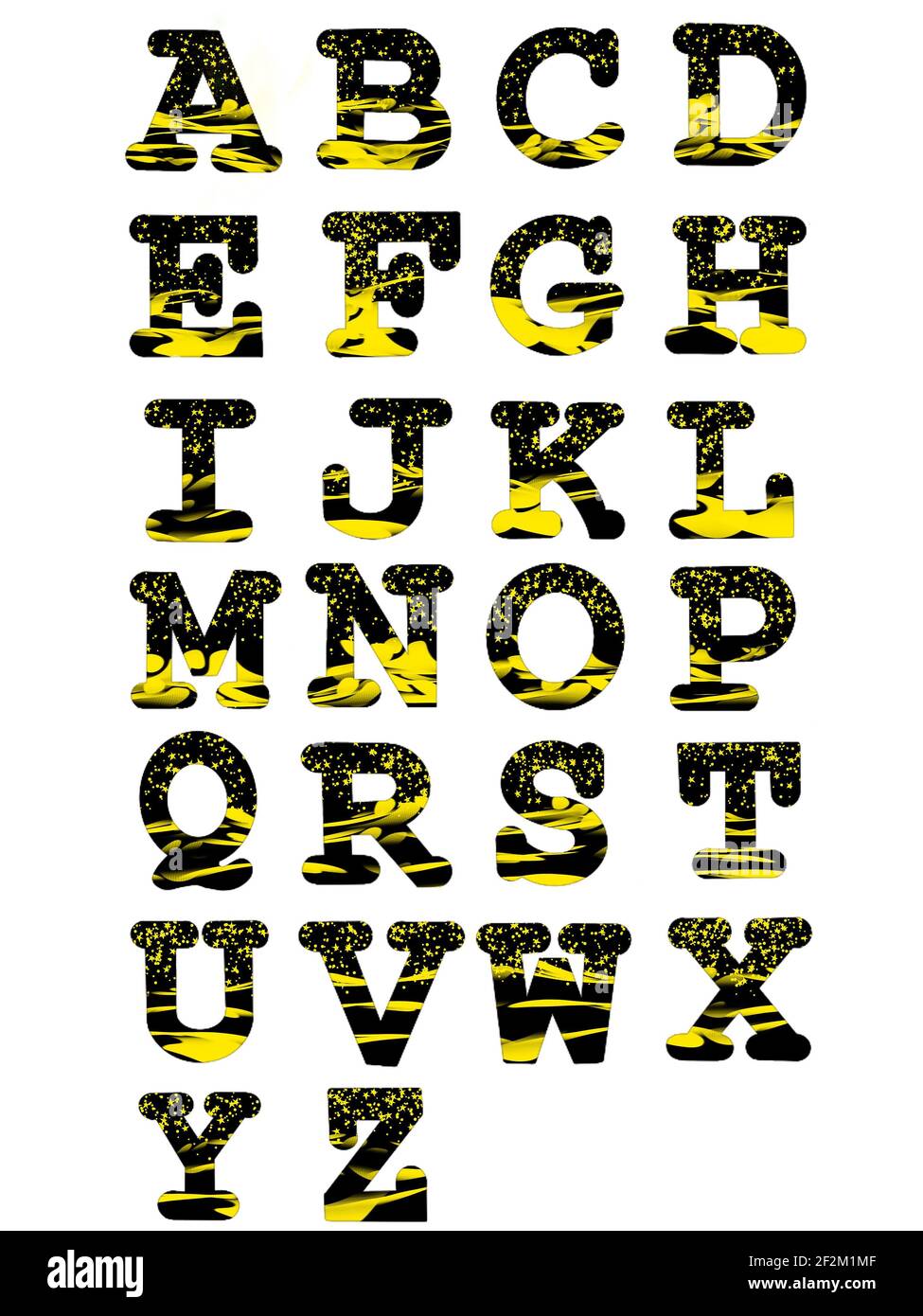 Das englische Alphabet mit gelben Streifen und Sternen auf einem Schwarzer Hintergrund für Design und Unterricht Kinder Stockfoto