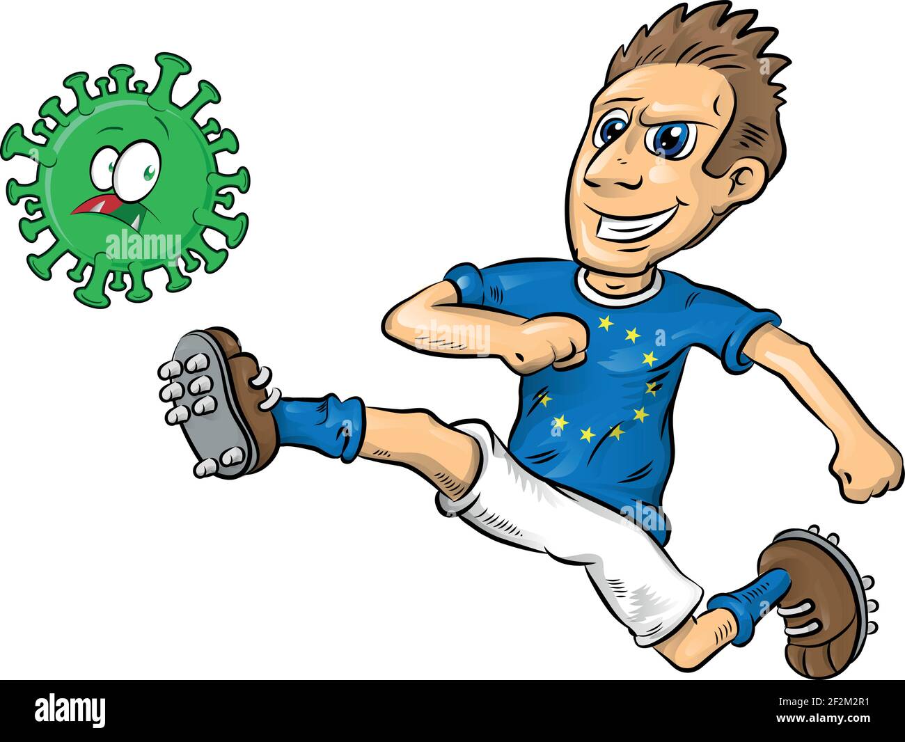 Europäische Fußballspieler Charakter Kicks covid-19. vektor-Illustration Stock Vektor