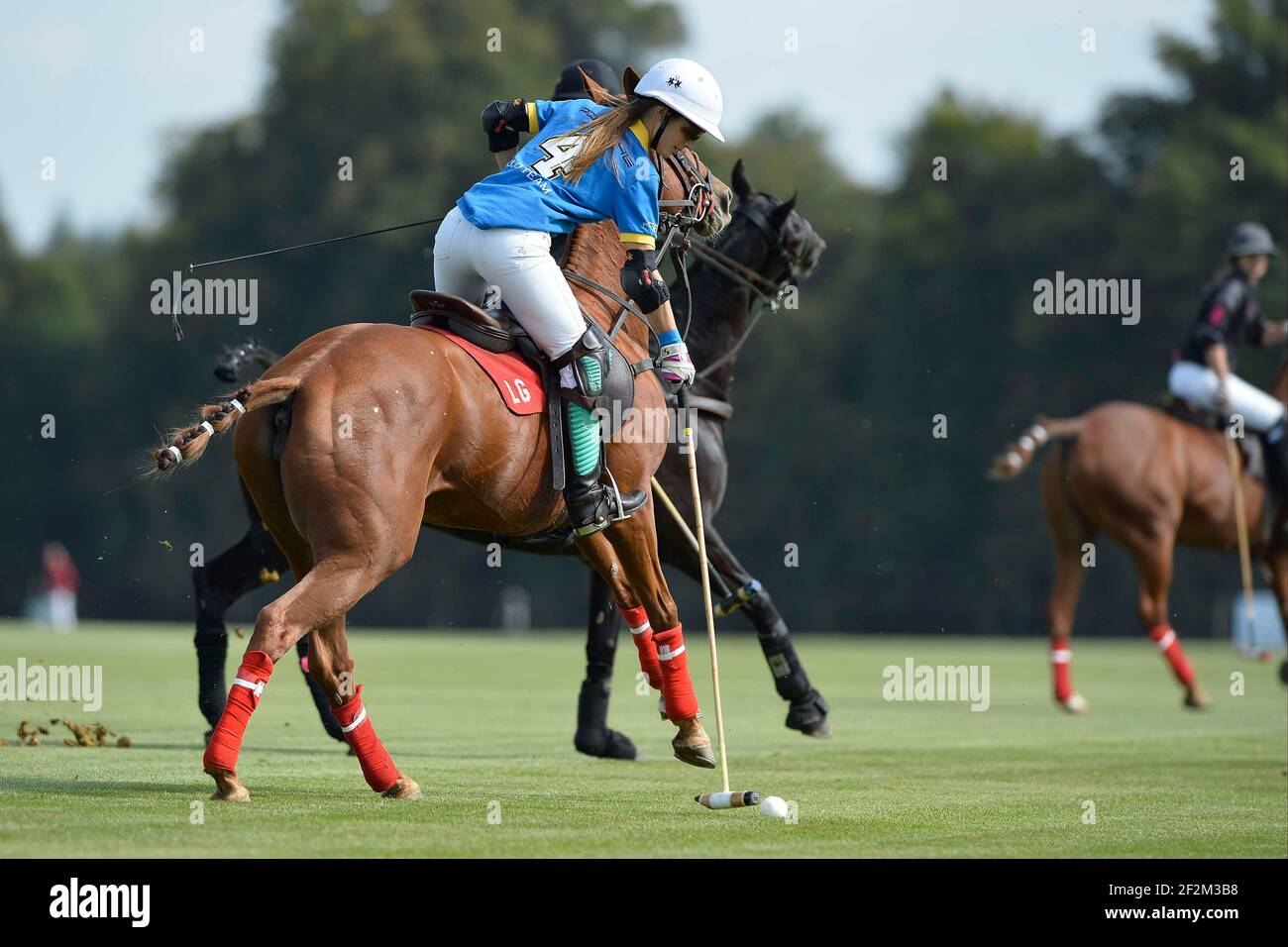 Reitsport - Polo - Finale Frauen - WARUM NICHT / TOM TAILOR während der French Open 2013 in Apremont / Chantilly (Frankreich) - 21th. September 2013 - 2nd Women French Open Chopard - 13. French Open - Foto : Christophe Bricot / DPPI - Team TOM TAILOR (Blau) ? Zentrum Porsche Roissy ( Lavinia Fabre (Cap.) - FRA - Naomi Schroder - GER - Tahnee Schroder - GER - Lia Salvo ? ARG und Team WHY NOT (schwarz und pink) Hana Grill (Cap.) - AUS - Gaele Gosset - FRA - Hazel Jackson - GBR - Anna Kates-Davis ? GBR Stockfoto