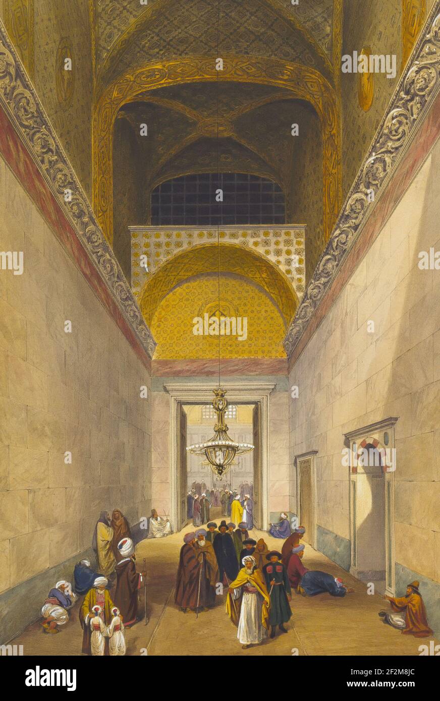 Das Bild zeigt den Haupteingang der Ayasofya Moschee, früher die Kirche der Hagia Sophia; mit Gruppen von Männern in traditioneller Kleidung - Louis Haghe, Gaspare Fossati, 1852 Stockfoto